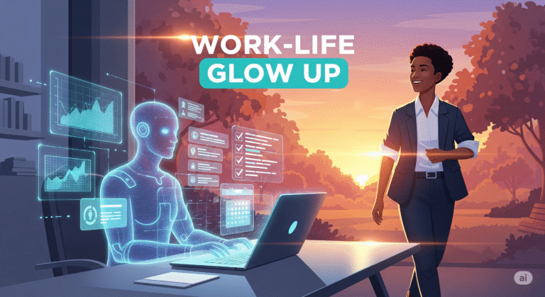 Seorang profesional wanita tersenyum santai meninggalkan mejanya saat matahari terbenam, sementara asisten AI holografik melanjutkan pekerjaannya di laptop, melambangkan tercapainya work-life balance.